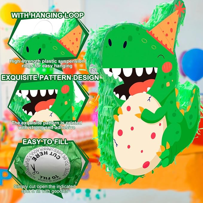 4 in 1 Dinosaur Birthday Party Piñata, 15.7'' Dino Party Large Pinata Bundle Dinosaur Party Decorations Dino Birthday Party Stick etc