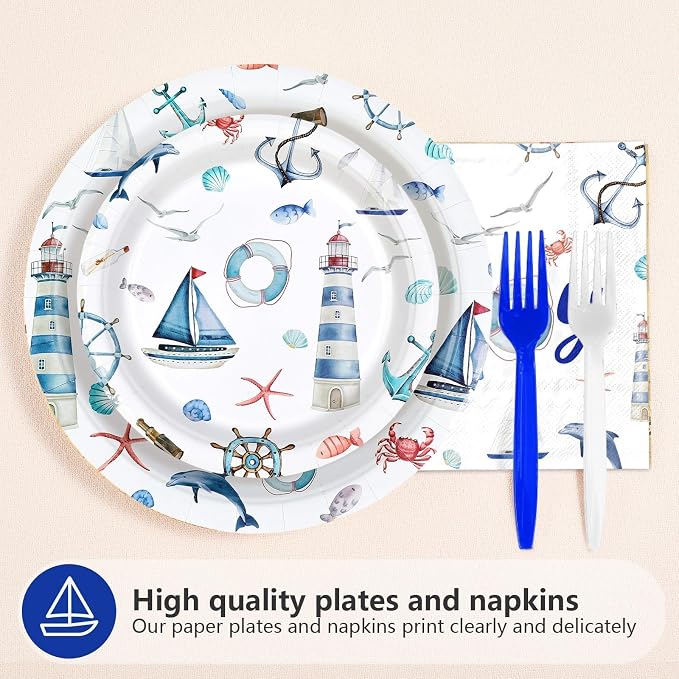 Nautical Party Plates and Napkins Ahoy Its A Boy Baby Shower Decorations Disposable Anchor Nautical Tableware Sets for Boys Baby Shower Ocean Gender Reveal Birthday Sailing Party Supplies Serves 24