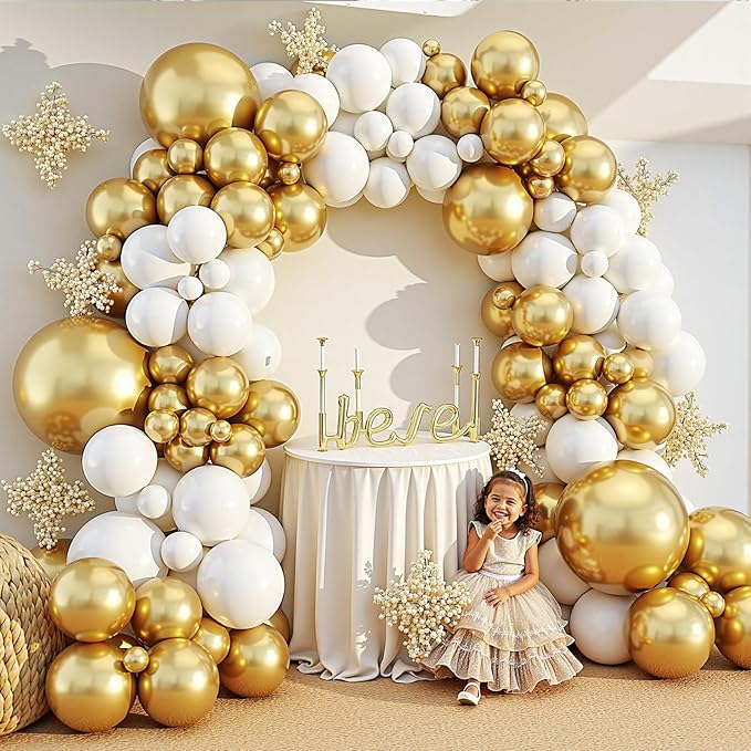 412Pcs White and Gold Balloon Arch Kit,18 12 10 5 Inch Gold balloons White Metallic Gold Latex Different Sizes Balloon Garland kit for Birthday Anniversary Wedding Baby Shower Party Decorations