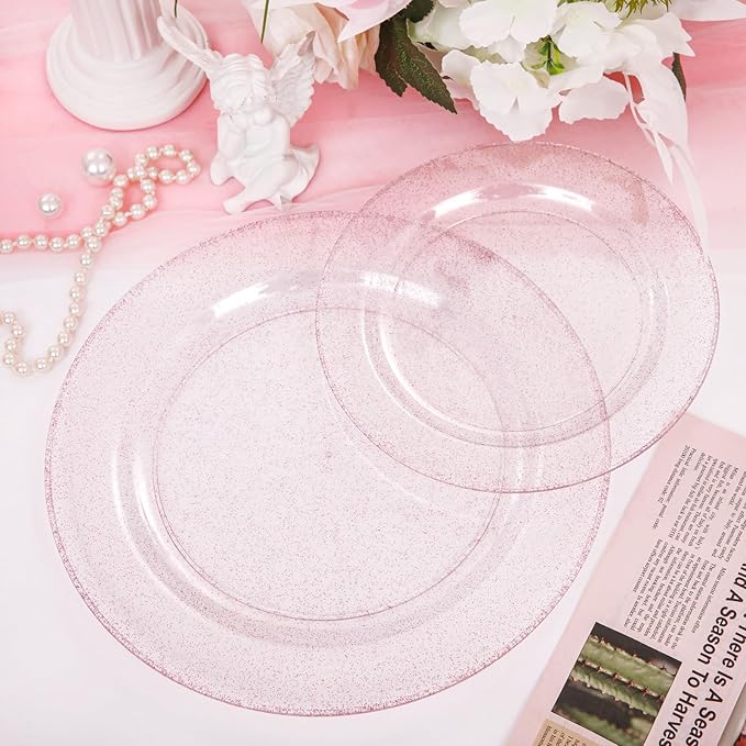 WDF 120pcs Pink Plastic Plates Disposable - Clear Pink Glitter Plates including 60PCS Dinner Plates 10.25inch and 60PCS Salad Plates 7.5inch for Wedding Baby Shower Spring Birthday