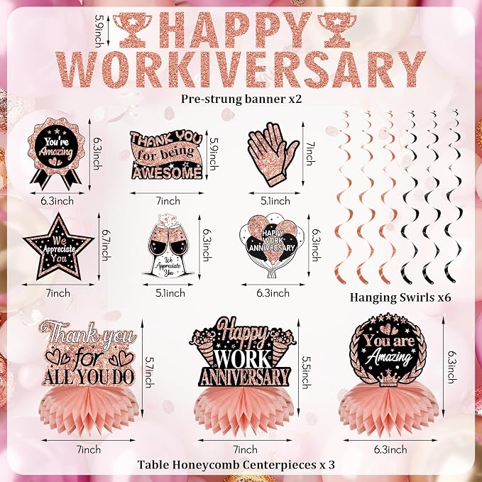 Zirtorei Happy Workiversary Decorations for Women Employee, 11pcs Rose Gold Work Anniversary Banner Party Supplies, Workiversary Honeycomb Centerpieces Hanging Swirls Business Gift for Office