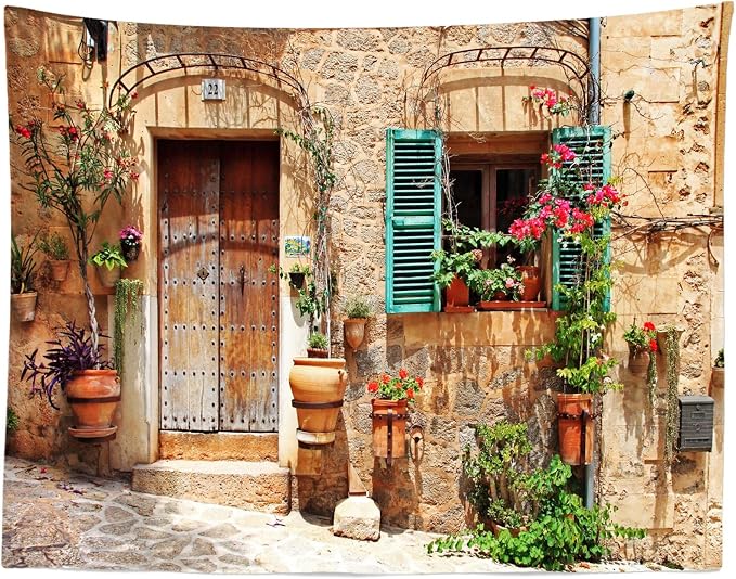 15x10ft Fabric Italy Street Backdrop Tuscany Medieval Town Street Stone Wall Window Photography Background for Italian Theme Party Decorations Wedding Birthday Photo Booth Props