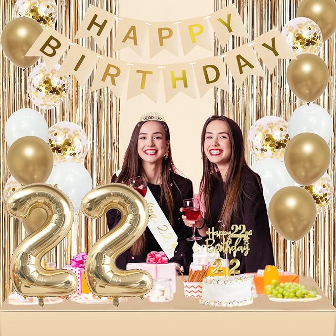 Trgowaul 22nd Birthday Decorations for her, Champagne Gold Happy 22nd Birthday Supplies for Girls, 22 Sash and Crown, Banner, Fringe Curtains, Cake Topper, 22 Year Old Party Supplies Set