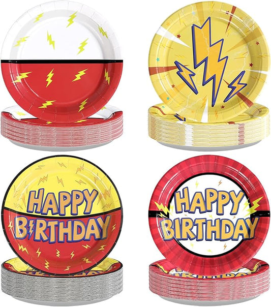 Grencian 60Pcs Happy Birthday Party Supplies Cartoon 9" Anime Themed Paper Plates Tableware Sets 4 Types Pattern Disposable Red and Yellow Decoration for Birthday Cartoon Theme Club Party Anime Lovers