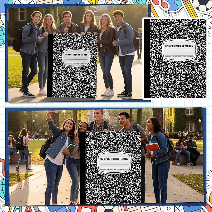Amyhill 5 ft Composition Notebook Cardboard Cutout Stand Up Life-Size Back to School Party Decorations First Day of School Composition Notebooks Backdrop Photo Booth Standup for Welcome Party Supplies