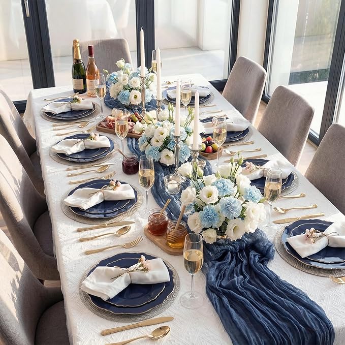 WDF 100pcs Blue Plastic Plates - Baroque Blue&Gold Disposable Plates for Parties/Wedding-50Plastic Dinner Plates 10.25in, 50Salad Plates 7.5in for Party/Birthday/Wedding/Graduation