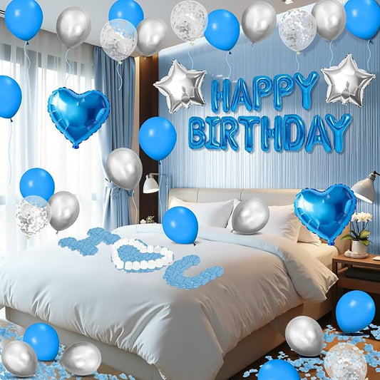 Blue Happy Birthday Balloons Decorations Light Blue Silver Birthday Balloon Letters Banner with Star Heart Balloons 1000 Pcs Artificial Rose Petals 24 Flameless LED Candles for Birthday Party Supplies