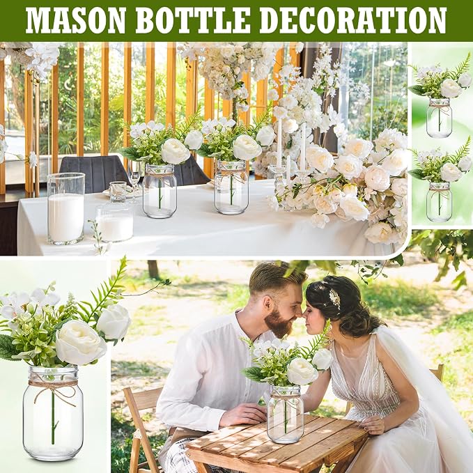 XunYee 10 Set Mason Jar Table Centerpiece with Flower Mason Jar Flower Centerpiece Vases Decor for Engagement Party Bridal Shower Wedding Reception Table Decor(White,Rose)