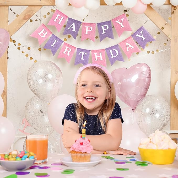 Pre-Strung Pink and Purple Happy Birthday Banner, No DIY Burlap Banner, Colorful Party Decorations for Girls, Reusable Fabric, Ready to Hang Birthday Decor