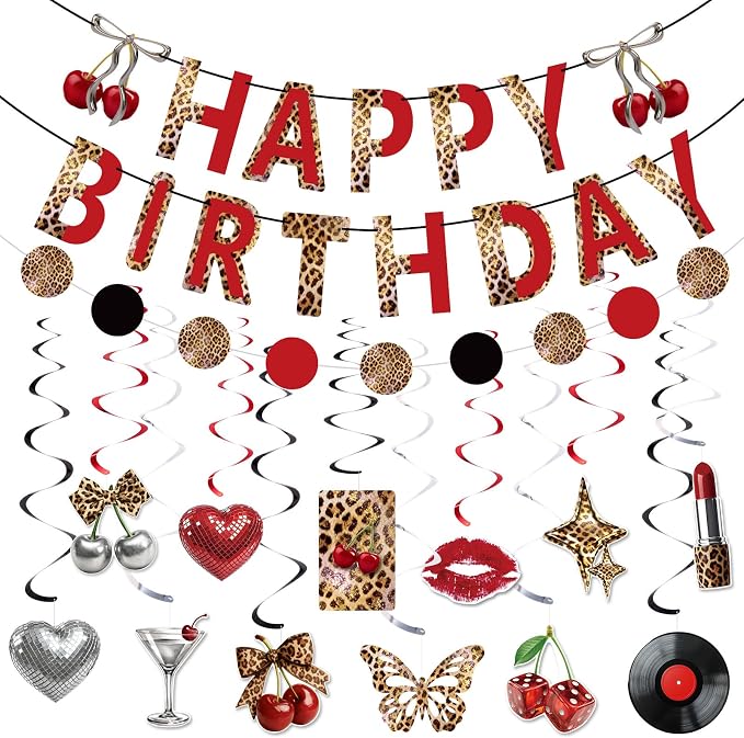 SUNBEAUTY Cheetah Birthday Party Decorations Cherry Cheetah Print Banner Leopard Hanging Swirls with Red and Black Cheetah Party Garland Foil Swirls Ceiling Safari Animal Birthday Party Decorations for Women Girls
