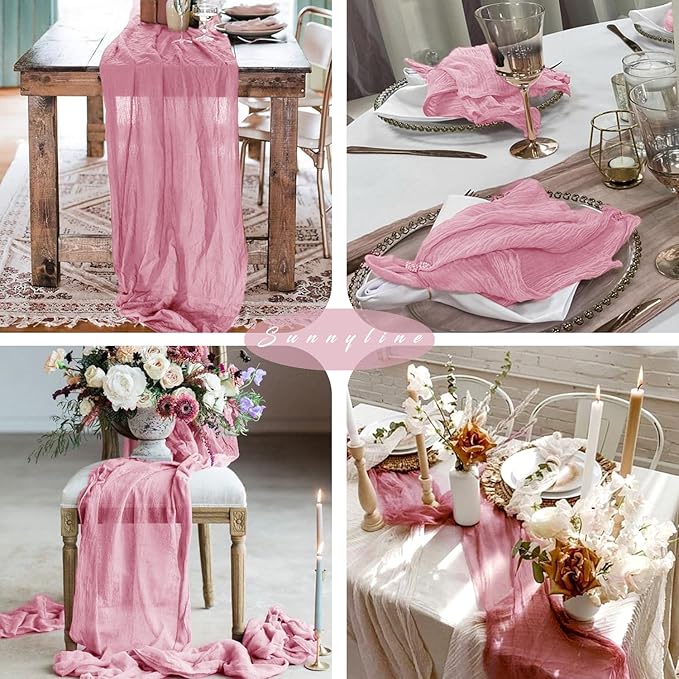 Cheesecloth Table Runner 10FT Dusty Rose Runner for Tables Gauze Fabric Boho 35 x 120 Inches Long Table Runner Decoration Rustic Sheer Runner for Wedding Baby Birthday Party (Dusty Rose)