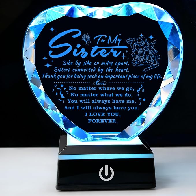 Sister Gifts Sister Birthday Gifts from Sister Brother with Colorful LED Base Idea for Sisters Crystal Heart Keepsake Sisters Gift for Women for Christmas Mother's Day Valentines