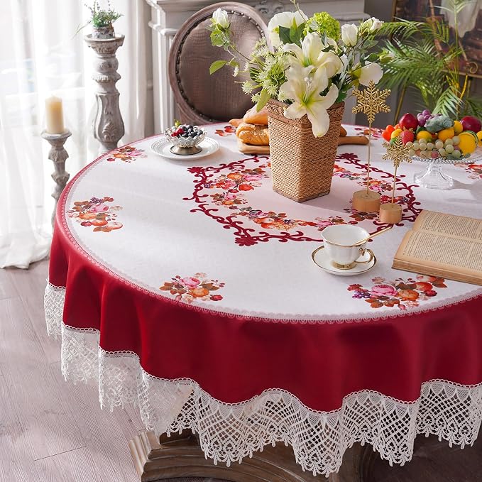 ARTABLE Round Tablecloth Lace Rustic Macrame Embroidered Table Cloths for Harvest Dresser Decor Farmhouse Kitchen Home (Burgundy, 90" Round)
