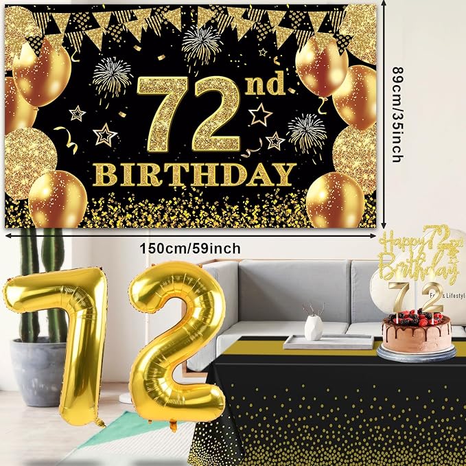 72nd Birthday Decorations Men Women With 72nd Birthday Banner, Black And Gold Table Cloth,Number Balloons, Sash, Cake Topper and Candles