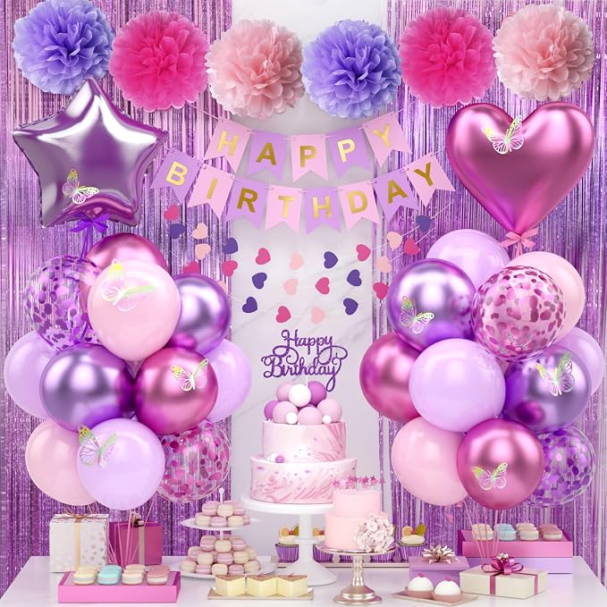 Purple Pink Birthday Decorations Balloons Pink Purple Happy Birthday Banner Cake Topper Fringe Curtain Paper Pom Poms Butterfly Sticker Metallic Hot Pink Heart Star Foil Princess Party Girls Women