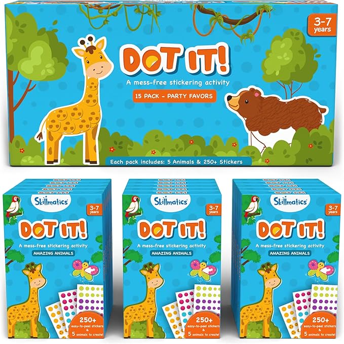 Skillmatics Party Favors (Pack of 15) - Dot It Animal Sticker Art for Kids, 500+ Stickers, Mess-Free Crafts, DIY Travel Activity, Return Gifts for Boys & Girls Ages 3, 4, 5, 6, 7