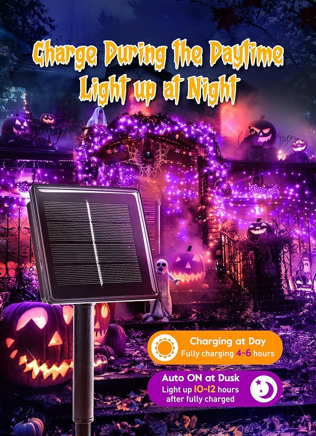 Halloween Solar String Lights Outdoor Waterproof, 19.6Ft 240 LED 8 Modes | Solar Fairy Lights Halloween Lights Outdoor, Waterproof Twinkle Firecracker Light for Patio Yard Trees, Purple