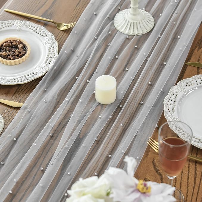 Artoid Mode 3PCS Pearl Grey Gauze Table Runner 120 Inch 10FT, Seasonal Sheer Dining Holiday Wedding Birthday Baby Shower Table Decor for Home Party