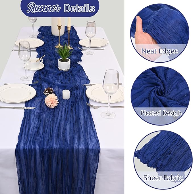 10 Pack Royal Blue Cheesecloth Table Runner 10FT Boho Gauze Fabric Cheese Cloth Table Runners for Wedding ,Party,Baby Shower, Bridal Party, Rustic Farmhouse and Table Decorations