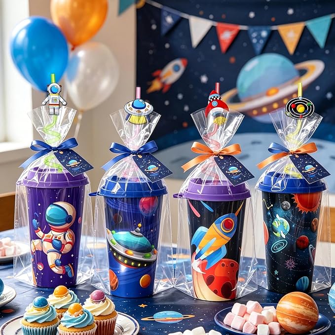 24 Sets Space Birthday Party Decorations Cups with Lids and Straws,16 oz Outer Space Party Favors for Kids, Galaxy Party Supplies Gifts
