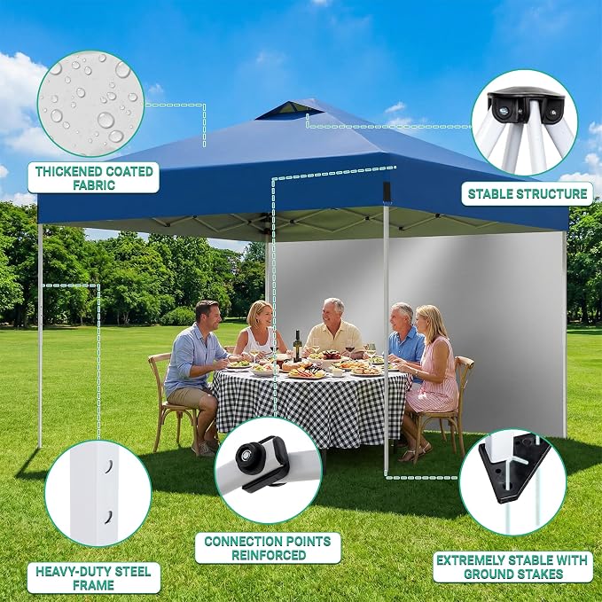 10X10FT Blue Pop Up Canopy Tent with 1 Sidewalls & Roller Carrybag for Sun Shade and Waterproof, Outdoor Adjustable Height Instant Shelter Gazebo with Sandbags for Camping, Patio, Backyard, Events