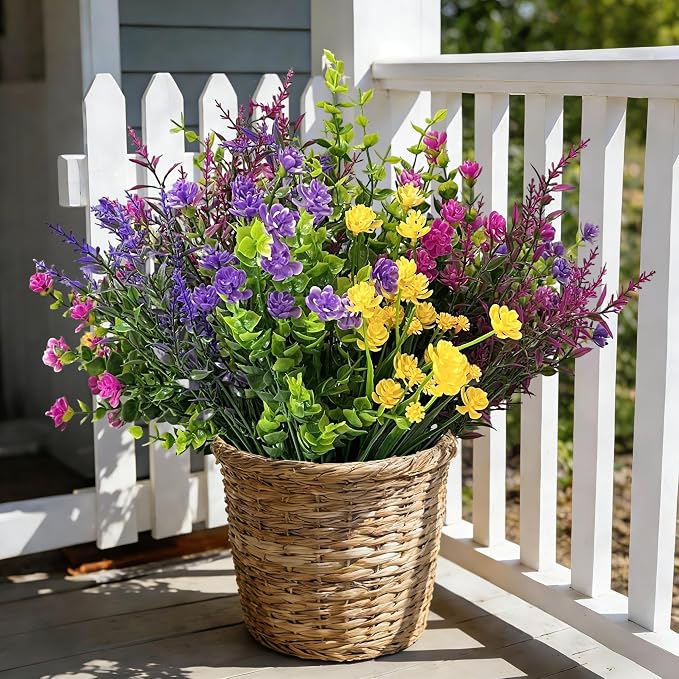 Artificial Flowers for Outdoors, UV Resistant Fake Plants for Spring Outside Window Box Hanging Planters Porch Realistic Plastic Faux Flower Bulk for Wedding Garden Decor(12,Purple,Red,Yellow)