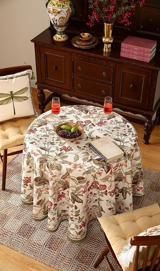 ISAENNE Designer Vintage Round Linen Tablecloth,Diameter 67"-Grace A | French Elegant Beautiful Durable Printed Table Cloth,Floral Pattern,Decoration,Heavyweight,Dining,Kitchen,Thanksgiving