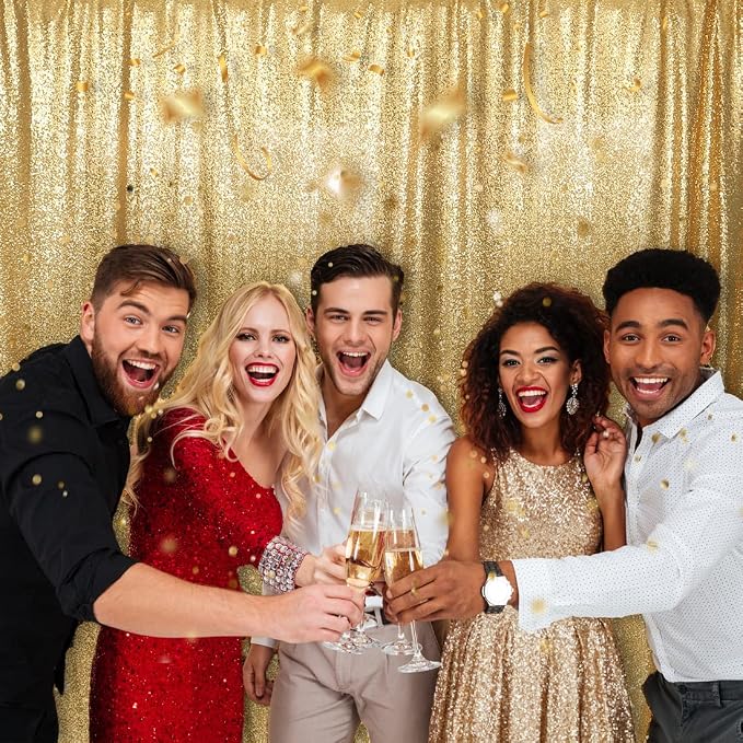 PartyDelight Gold Sequin Backdrop 6x7ft 4 Inch Rod Pocket | Dense 3mm sequins on mesh backing with 4 inch rod pocket for full body photos ceremony arches party walls and stage displays