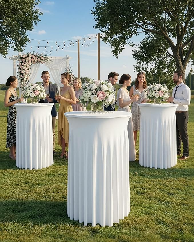 KeyWave Cocktail Table Tablecloth with Skirts - 32x43 Inch Wavy Spandex High Top Cocktail Table Covers, Ruffle Drape Highboy Tablecloth Reusable for Party Wedding Cake Standing Table, White, 4 Pack