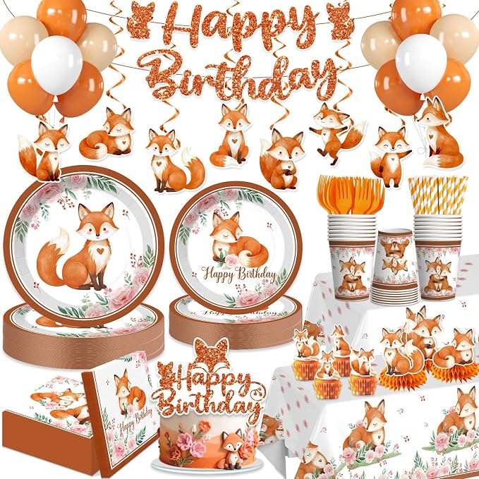 Xynic 205pcs Fox Birthday Decorations Serves 25 - Fox Party Supplies for Kids Birthday, Woodland Birthday Kit with Balloons, Banner, Tableware, Cake Topper, Forest Animal Themed Celebration