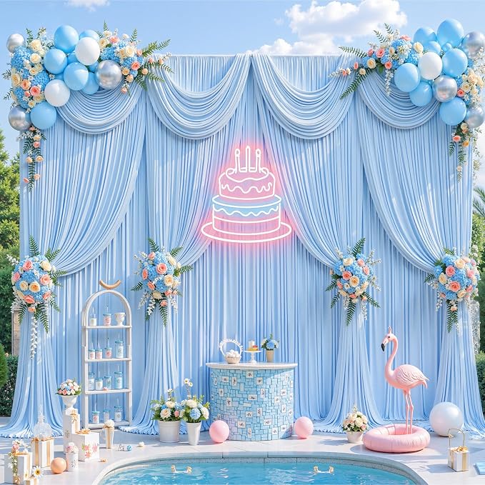 10x10ft Baby Blue Photo Backdrop Curtains for Parties Baby Shower Wrinkle Free Polyester Photoshoot Curtains Drapes Backdrop for Boy Birthday Party Gender Reveal Photography Background 2 Panels 5x10FT