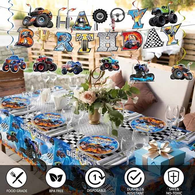 177pcs Monster Truck Birthday Decorations Plates Napkins Disposable Tableware Set Include Plates, Napkins, Cups, Cutlery, Banner, Hanging Swirls, Tablecloth for Monster Truck Party Supplies Serve 24 ﻿