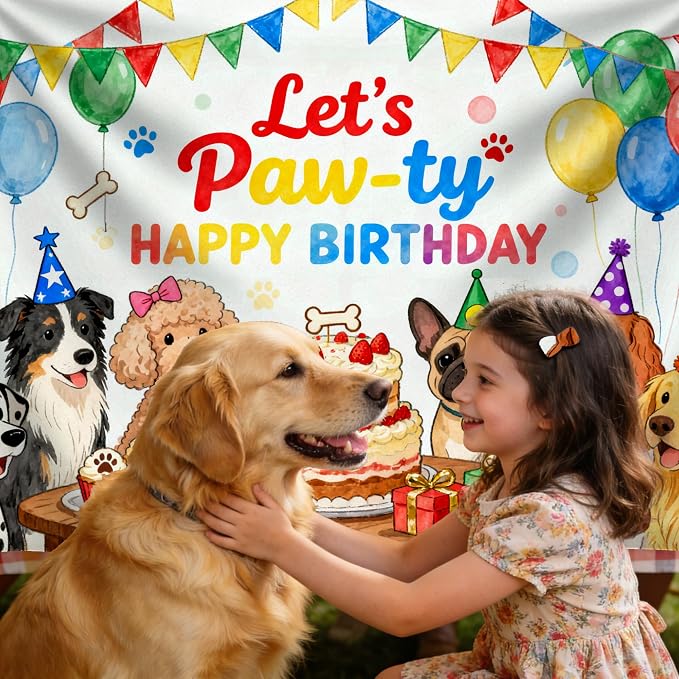Let's Paw-ty Happy Birthday Themed Backdrops Puppy Dog Birthday Polyester Fabric Party Banner for Puppy Bday Party Photo Booth Birthday Party Decorations 71X44Inch