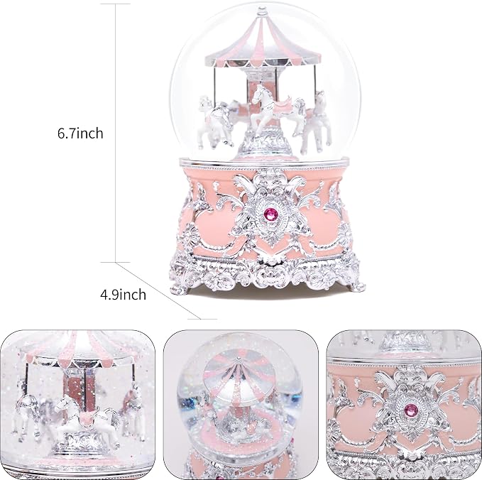 Luxury Silver Carousel Music Box,Carousel Figurine Snow Globe,Elegant Wedding, Romantic Home Décor,Collectible,Anniversary,Birthday, Idea,Plays Castle in the Sky Tune