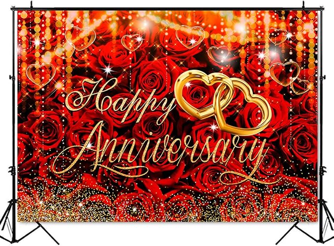 Mocsicka 7x5 ft Happy Anniversary Backdrop Wedding Anniversary Party Decoration Red Rose Floral Gold Bokeh Heart Background for Wedding Couple Love Party Supplies (Red, M-(82x60 inch))