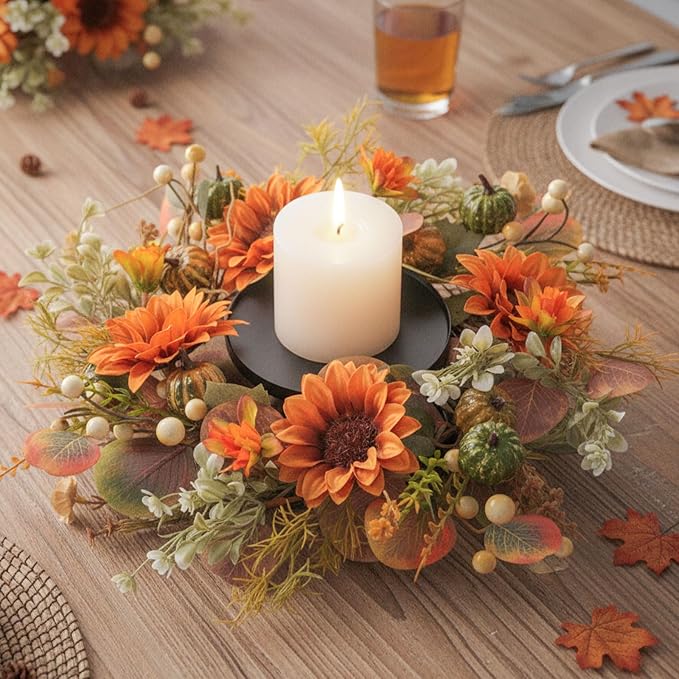 MOYEE Autumn Centerpieces for Tables Candle Ring, Black Metal Candlestick with an Artificial Wreaths 14 in Versatile Dining Table Centerpiece Decor (Sunflower Wreath)