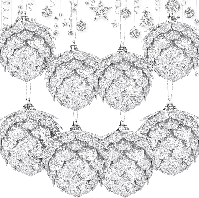 Sratte 8 Pcs Valentine Ball Ornaments Artificial Pinecone Hanging Ornaments Glitter Winter Faux Flower for Xmas Decor, 3.15/2.36 Inch(Silver)