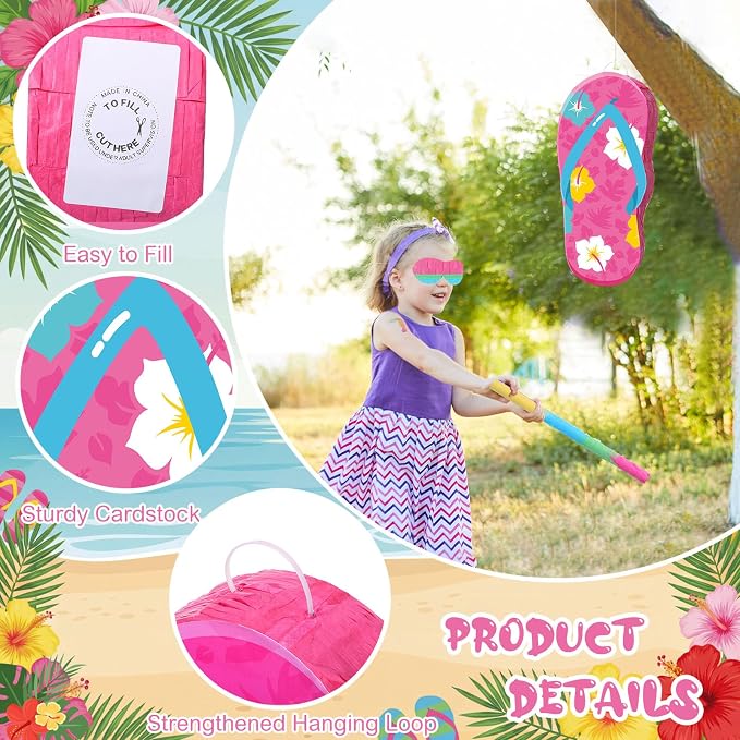 Blosssound Flip Flop Piñata Summer Themed Party Decorations Hibiscus Slippers Piñata with Blindfold Stick for Tropical Hawaiian Luau Beach Pool Theme Birthday Baby Shower Decor Supplies