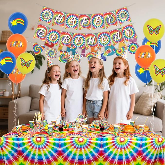 Tie Dye Birthday Party Decorations, Includes Happy Birthday Banner, Plates, Tablecloth, Cups, Balloon and Straws, for 60s Hippie Party Supplies, Serves 20 Guest