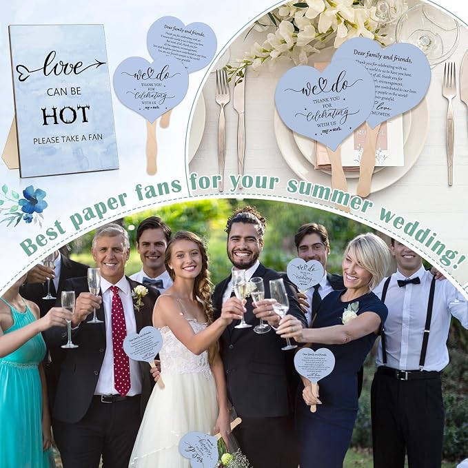 51 Pcs Wedding Fans for Guests Wedding Favor Paper Fans with Handle Bulk Table Sign for Ceremony Bridal Party Decoration(Blue,Classic)