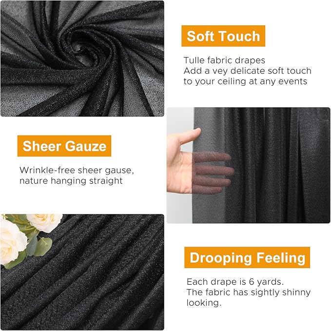 Wedding Arch Draping Fabric 1 Panel 28.7" x 20FT Black Sheer Chiffon Backdrop Drapes for Wedding Ceremony Birthday Party Bridal Shower Outdoor Decoration
