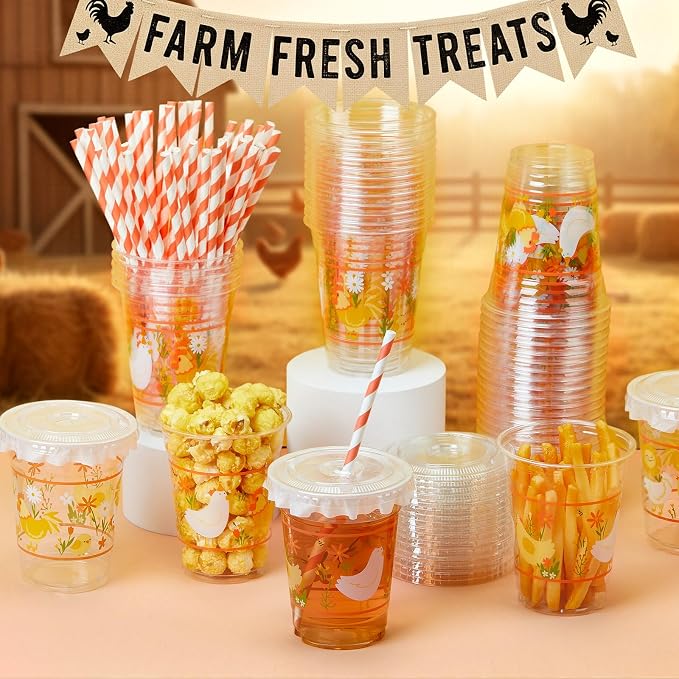 FoldTier 50 Pcs 12 oz Chicken Party Cups Disposable Plastic Cup with Straw, Lid and Leakproof Paper Clear Farm Animal Flower Little Chick Birthday Party Baby Shower Cups Supplies Table Decorations