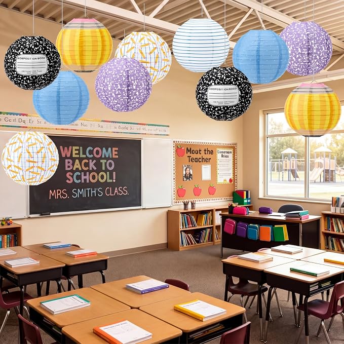 Retisee 12 Pcs Back to School Paper Lanterns Classroom Decorations Composition Notebook Pencil Hanging Lanterns 8 Inch Ceiling Decor for First Day of School Teacher Classroom Birthday Party Supplies