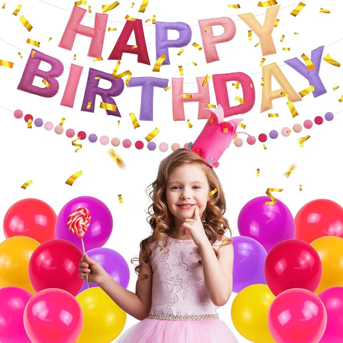 2 PCS Pre-Strung 3D Felt Happy Birthday Banner - Reusable Happy Birthday Decorations Sign, Felt Ball Garland, Pom Pom Garland, Party Decor, Photo Prop（pink & purple）