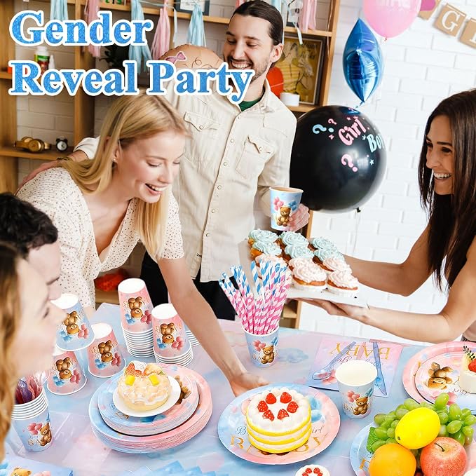 Funnymoom 452 Pcs Bear Themed Gender Reveal Party Decorations for 50, Boy or Girl Gender Reveal Paper Plates Napkins Cups Tablecloth Cutlery Straws for Pink Blue Baby Shower Party Supplies