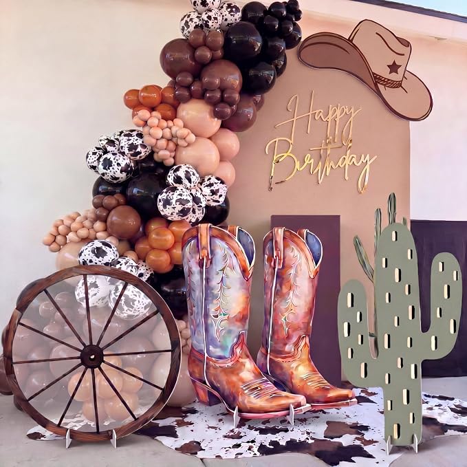 4 Pcs Western Party Decorations, Large Cowboy Birthday Party Decorations, 24 Inch Plastic Cardboard Cutouts Props, Wild West Themed Standups with Boots Wagon Wheel Cactus Hat for Photo Booth