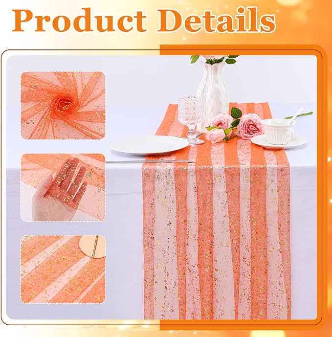BINBE 3PCS Orange Table Runner 10Ft Sheer Chiffon Fabric Cheesecloth Sequin Glitter Table Runner for Wedding Birthday Party Decor