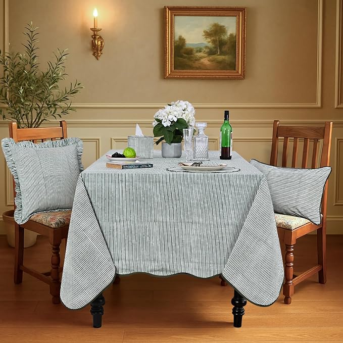 Ridhi Forest Green Stripe Block Print 60x108 Rectangle Tablecloth Table Cover for Dining Tables, Handcrafted Farmhouse Kitchen Decor, Washable, Decorative Tablecloths for Spring, Easter, Valentine