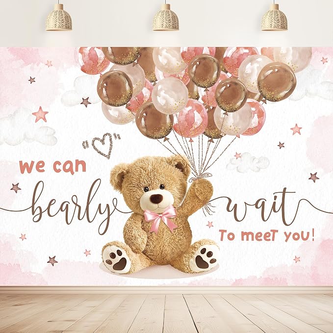 We Can Bearly Wait Backdrop 8Wx6H Feet Bear Baby Shower Girls Pink Brown Balloons Cartoon Cute Clouds Stars Polyester Fabric Newborn Photography Backgrounds Photo Shoot Decor Props Decoration