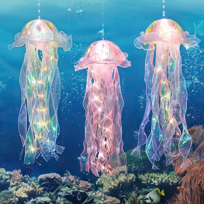 Glitter Iridescent Jellyfish Hanging Decor Blue Purple Jellyfish Kit for Under The Sea Little Mermaid Party Decoration Centerpiece Hanging Jelly Fish Decor Ocean Birthday Baby Shower Party Supplies